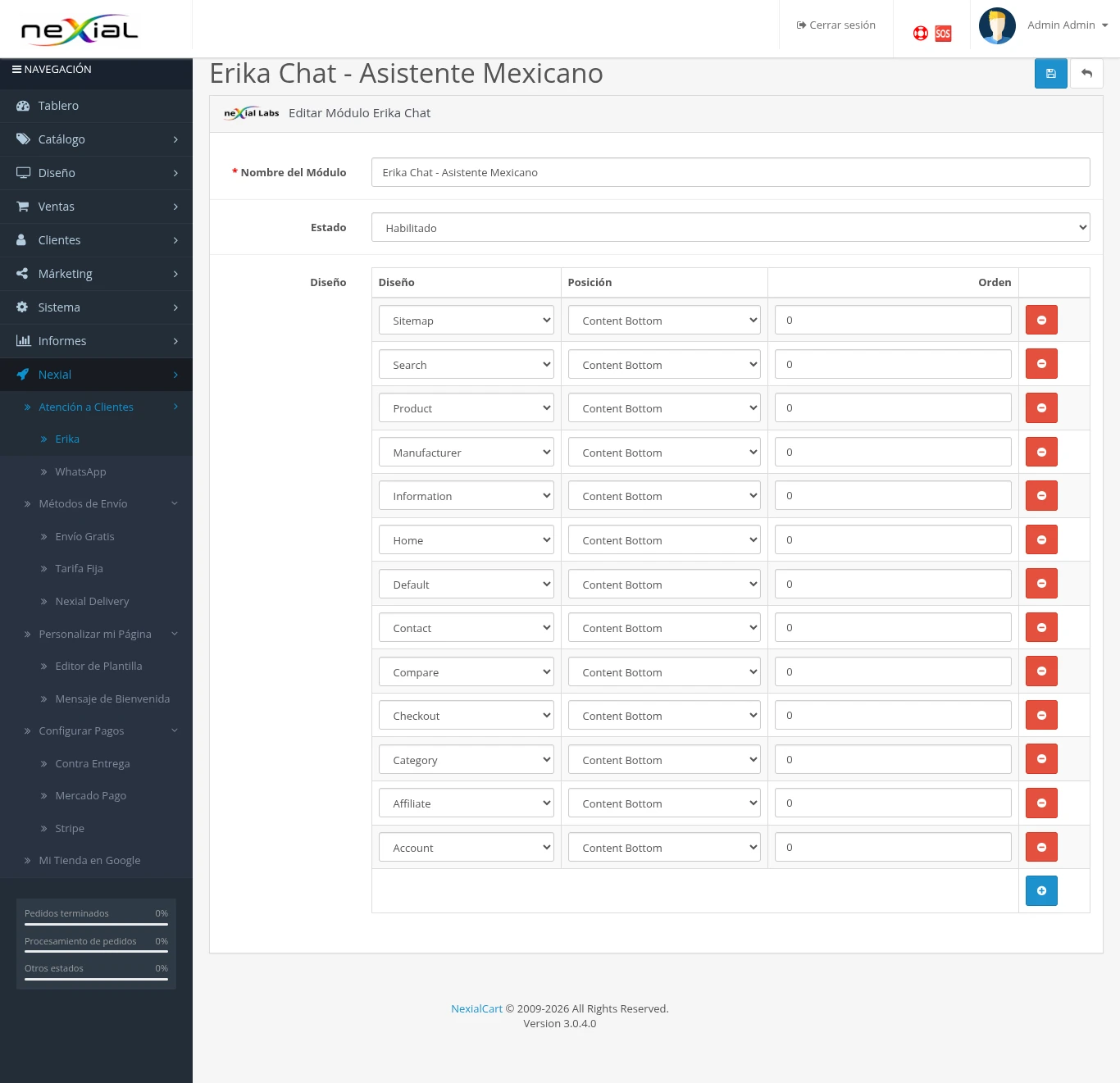 Erika admin panel in NexialCart