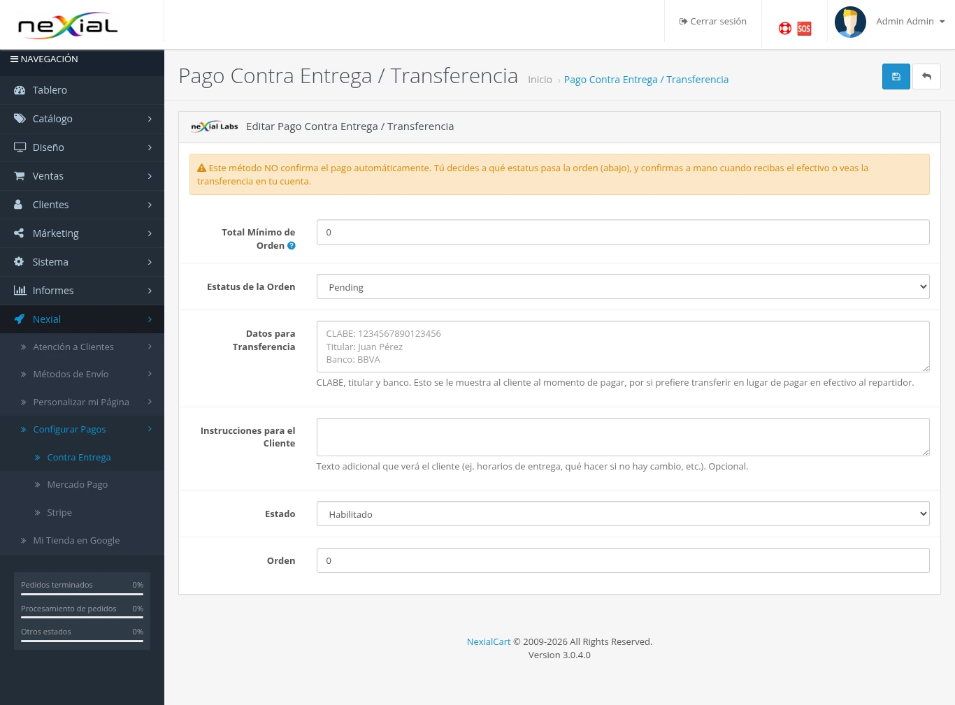 Configuracion de Pago Contra Entrega / Transferencia