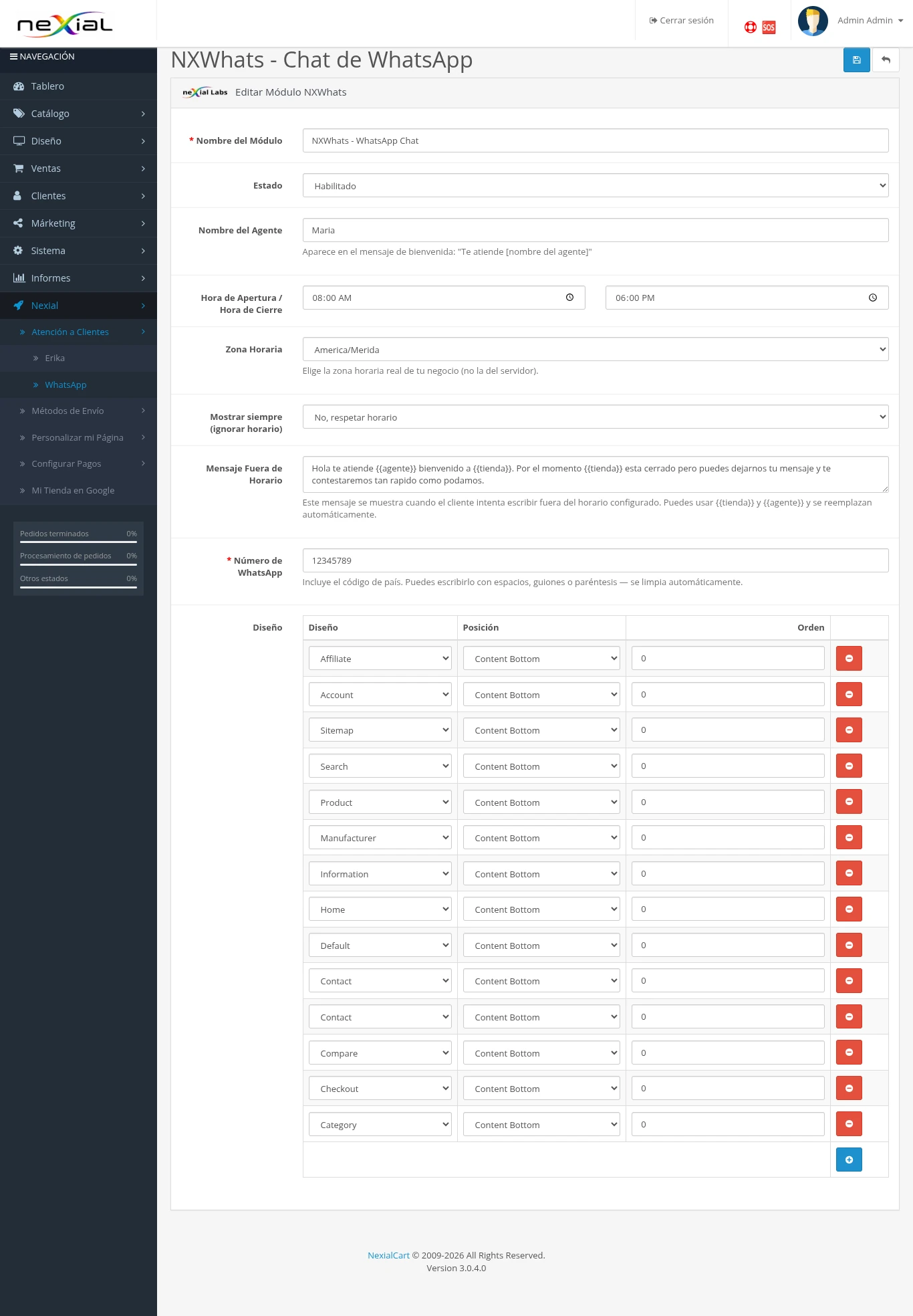 NXWhats configuration panel